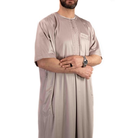 Qamis Atlas Beige satiné - manches courtes