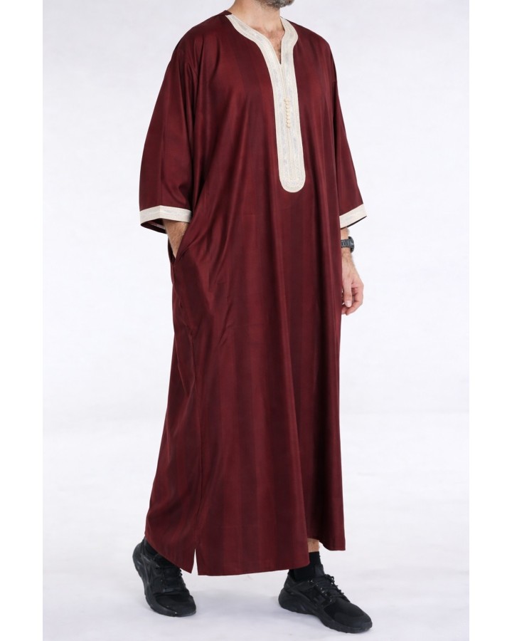 Gandoura marocană Bordeaux / broderie albă
