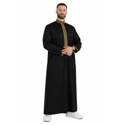 Qamis Sultan Noir / Doré - avec brodure - Coton