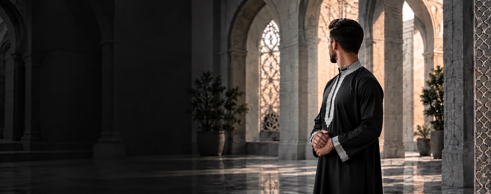 Homme portant un qamis noir brodé argent, naturellement tourné vers les arches